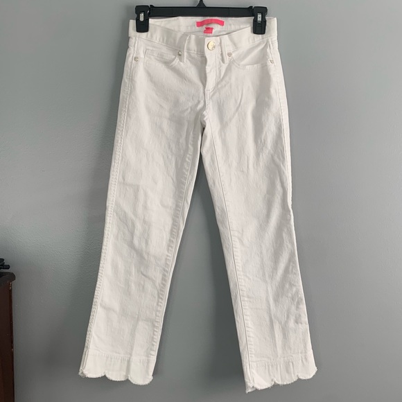 Lilly Pulitzer South Ocean Slim Crop Resort White Scalloped Jeans Sz 00 Pants - Picture 1 of 10